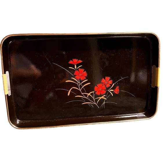 Toyo Black Plastic Tray w/ Red Flower Graphics Gold Trim Asian Faux Lacquerware - Picture 1 of 10